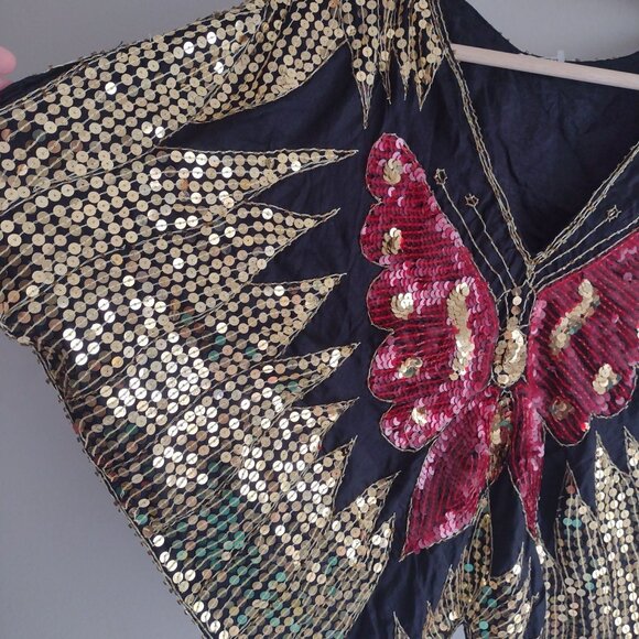 Vintage Butterfly Silk Blouse S M L Gold Red Sequin Fun Disco Going Out Top - Picture 4 of 9